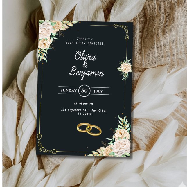 Convite Elegant Black and Gold Floral Wedding Invitation (Criador carregado)