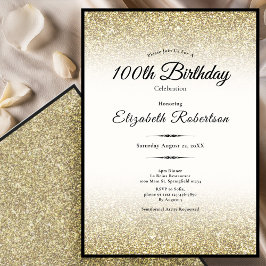 Convite Elegant Black and Gold Glitter 100th Birthday 