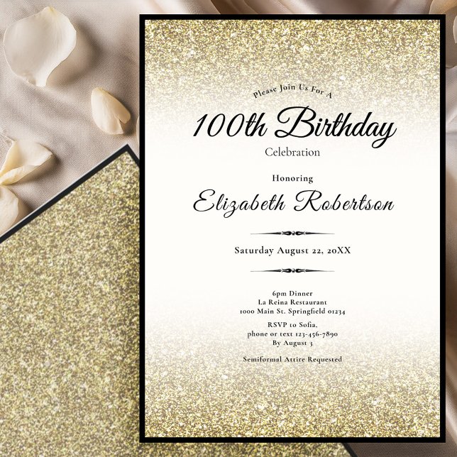 Convite Elegant Black and Gold Glitter 100th Birthday  (Criador carregado)