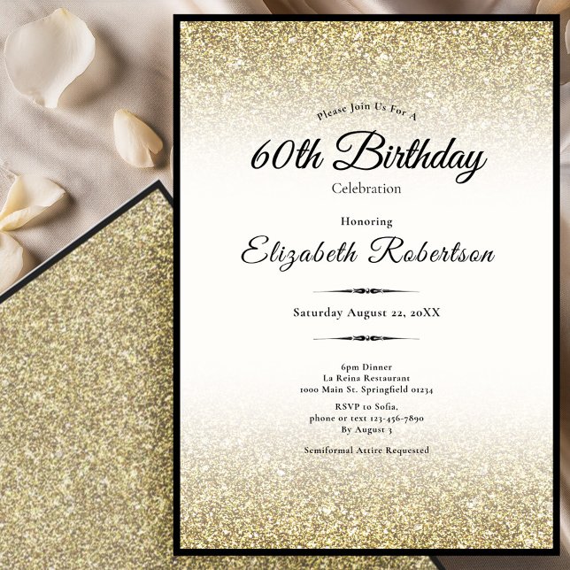 Convite Elegant Black and Gold Glitter 60th Birthday  (Criador carregado)