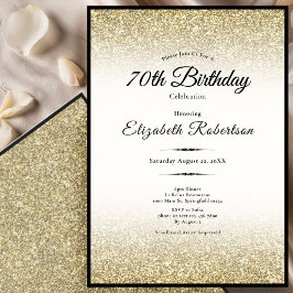 Convite Elegant Black and Gold Glitter 70th Birthday 