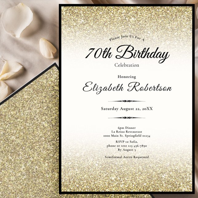 Convite Elegant Black and Gold Glitter 70th Birthday  (Criador carregado)