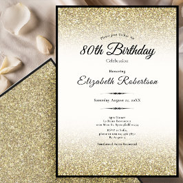 Convite Elegant Black and Gold Glitter 80th Birthday 