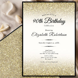 Convite Elegant Black and Gold Glitter 90th Birthday 