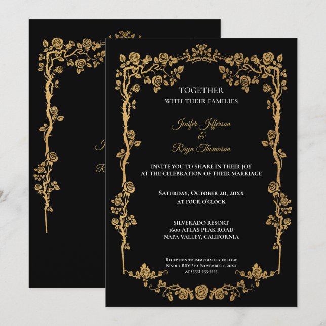 Convite Elegant black and gold Gothic wedding Invitation (Frente/Verso)
