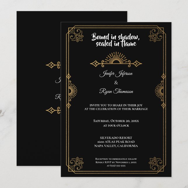 Convite Elegant black and gold Gothic wedding Invitation (Frente/Verso)