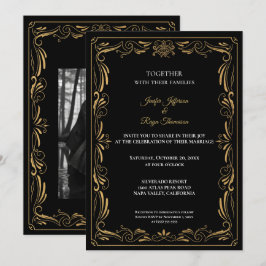 Convite Elegant black and gold Gothic wedding Invitation