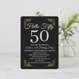 Convite Elegant Black and Gold Hello 50th For Women
