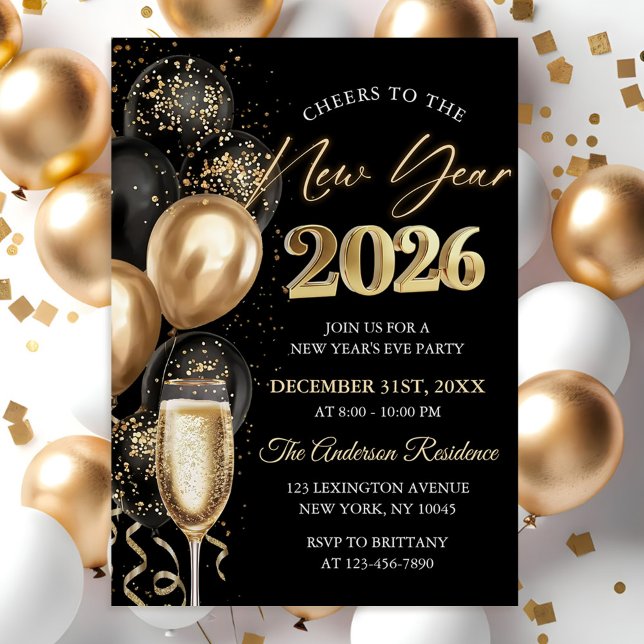 Convite Elegant Black and Gold New Year's Eve Party (Criador carregado)