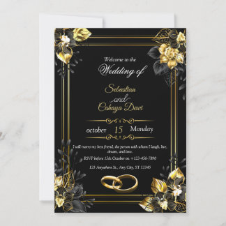 Convite Elegant black and gold summer wedding