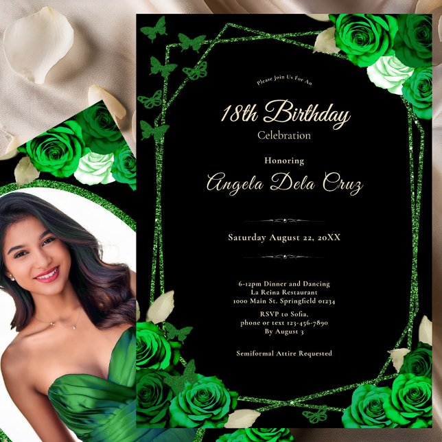 Convite Elegant Black and Green Rose 18th Birthday Debut  (Criador carregado)