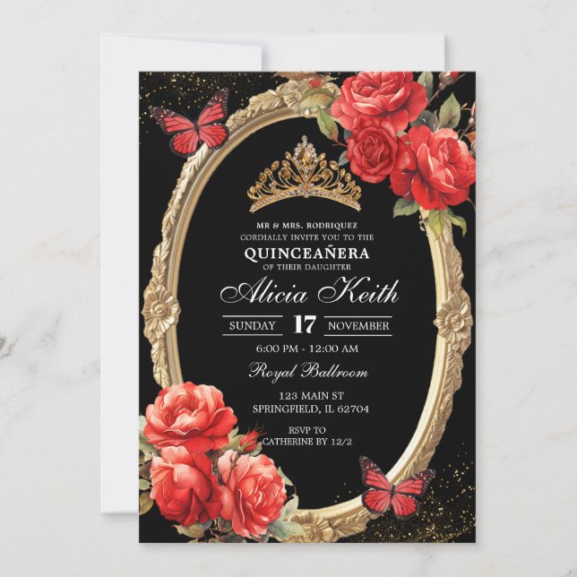 Convite Elegant Black and Red Roses Gold Quinceanera (Frente)