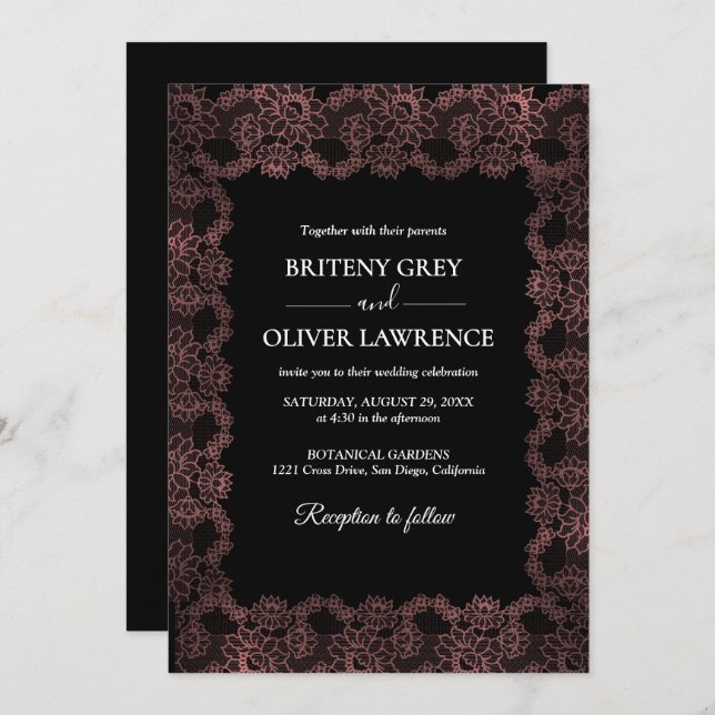 Convite Elegant Black and Rose Gold Floral Lace Wedding  (Frente/Verso)
