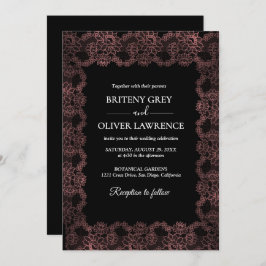 Convite Elegant Black and Rose Gold Floral Lace Wedding 