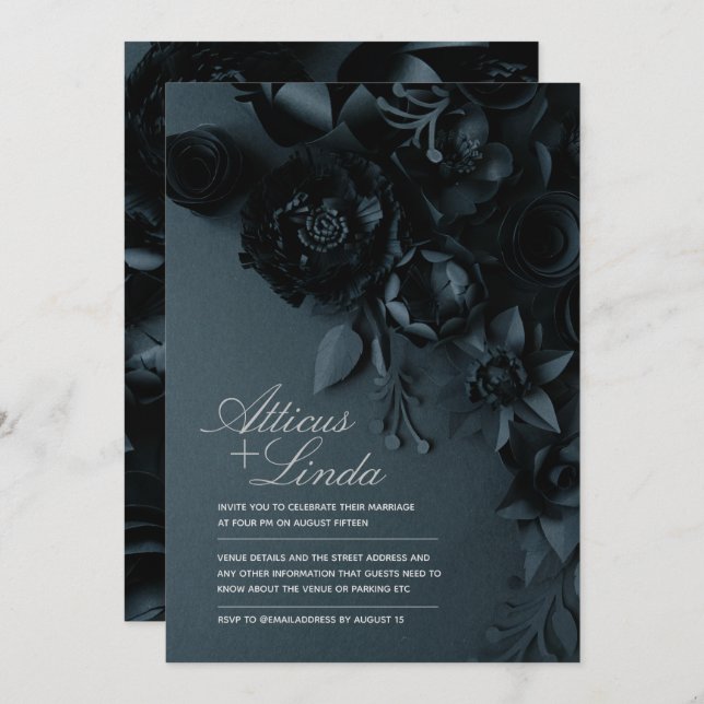 Convite Elegant Black and Silver Floral Wedding Invitation (Frente/Verso)