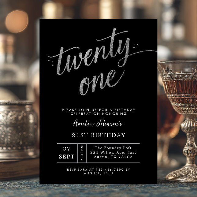 Convite Elegant Black and Silver Twenty One 21st Birthday (Twenty-one and dazzling ✨ Celebrate your milestone with this chic black and silver invite.)