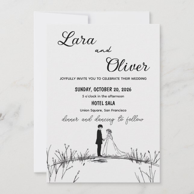 Convite elegant black and white chic wedding invittion (Frente)