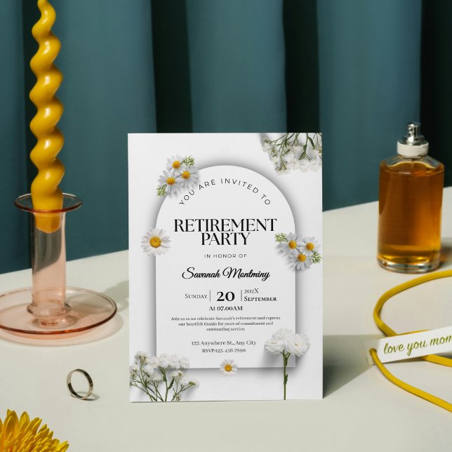 Convite Elegant Black and White Floral Retirement Party  (Elegant Black and White Calligraphy Retirement Par Invitation)