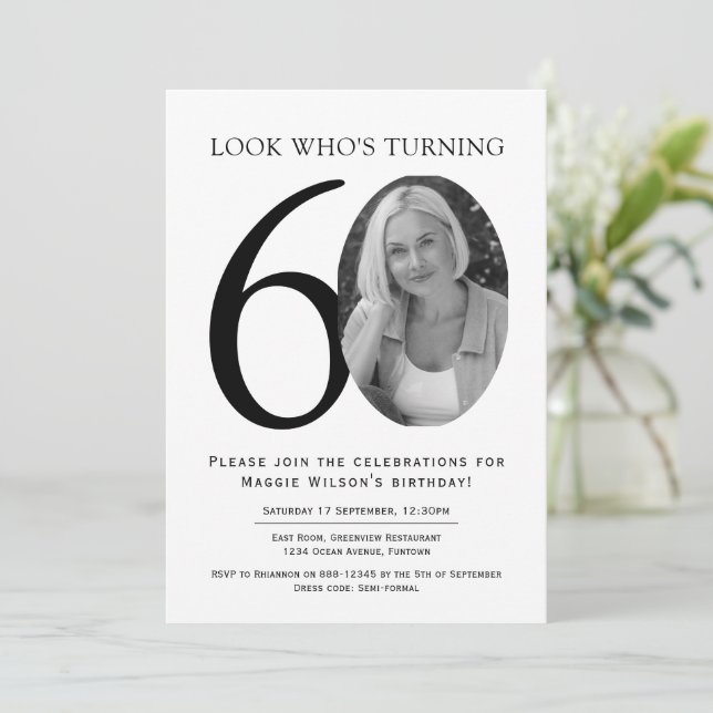 Convite Elegant Black and White Photo Birthday (Em pé/Frente)