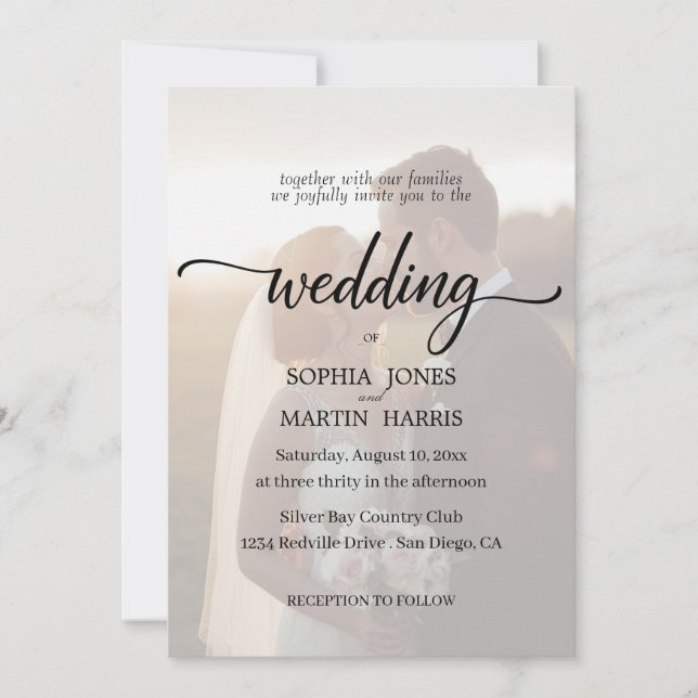 Convite Elegant Black and White Photo Overlay Wedding (Frente)