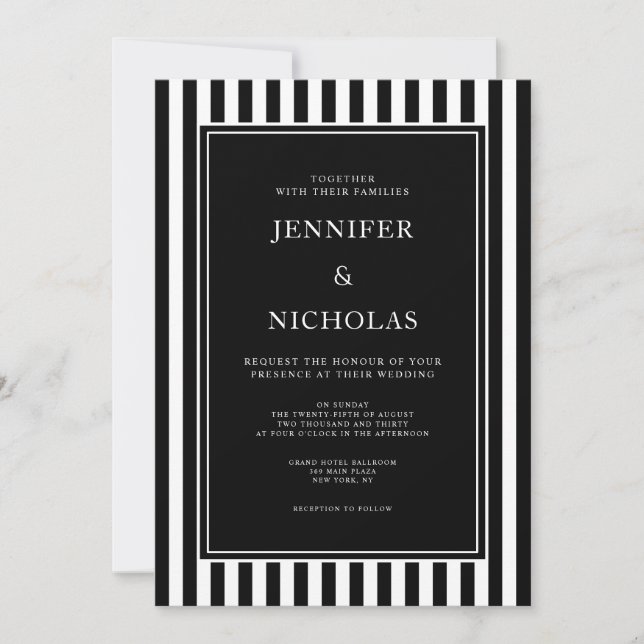 Convite Elegant Black And White Stripes Wedding (Frente)