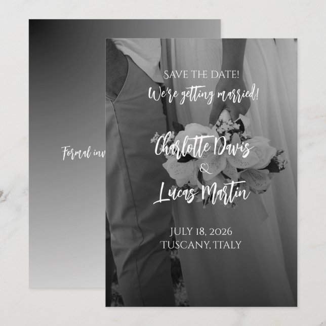 Convite Elegant Black And White Wedding Save the Date Card (Frente/Verso)