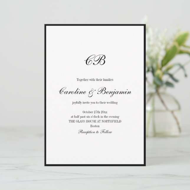 Convite Elegant Black Border White Script Monogram Wedding (Em pé/Frente)