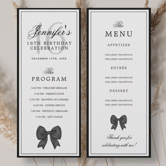 Convite Elegant Black Bow 16th Birthday Program Menu  (Elegant Black Bow 16th Birthday Program Menu )