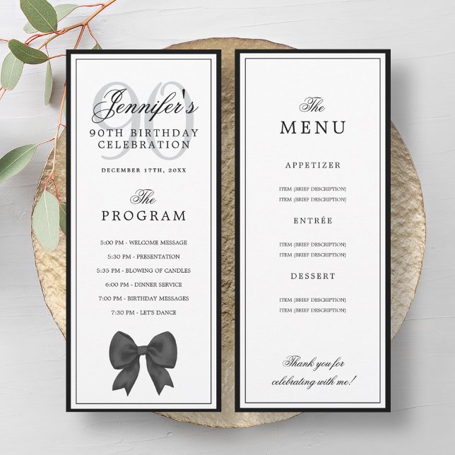 Convite Elegant Black Bow 90th Birthday Program + Menu  (Elegant Black Bow 90th Birthday Program + Menu )