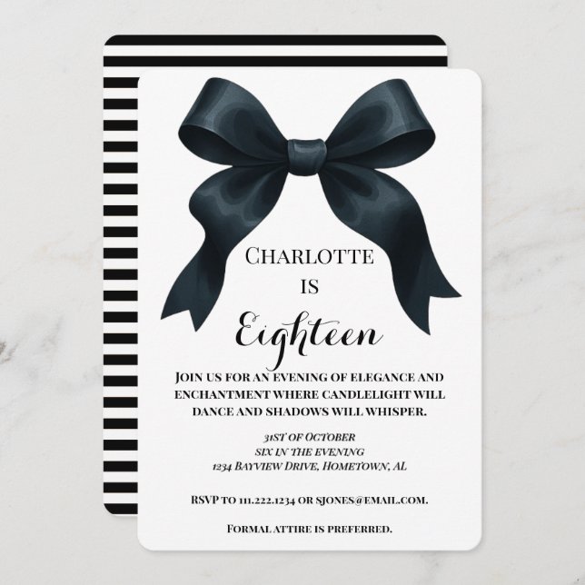 Convite Elegant Black Bow Birthday Invite - Black Stripe (Frente/Verso)