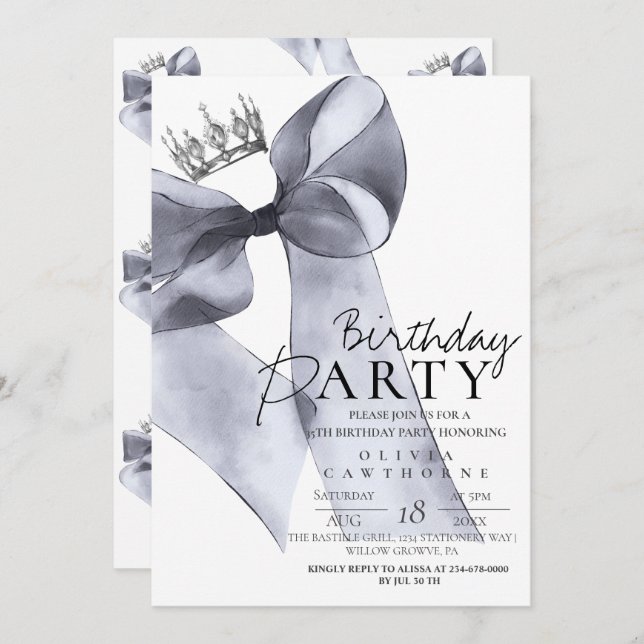 Convite Elegant Black Bow Birthday Party  (Frente/Verso)