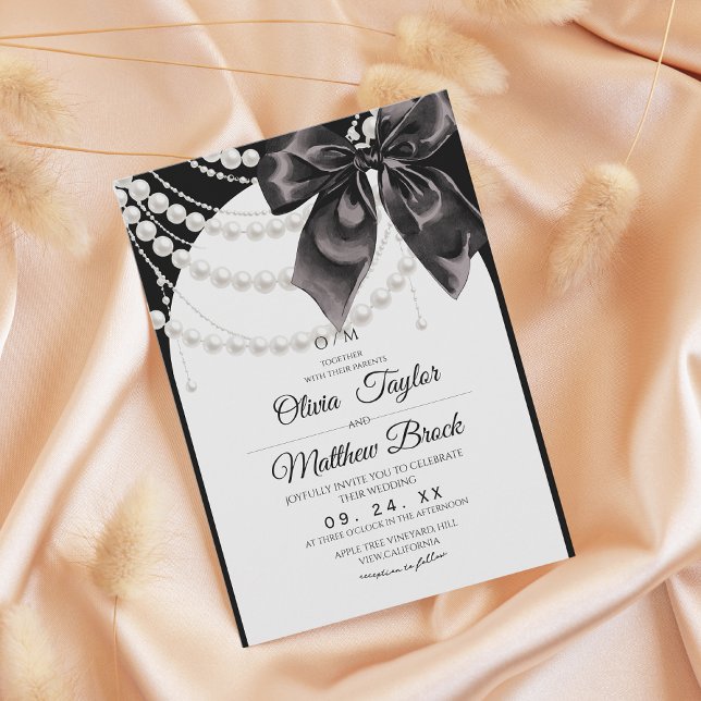Convite Elegant Black Bow Pearls Wedding (Criador carregado)