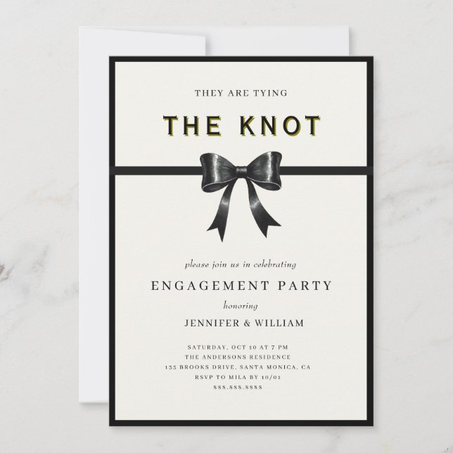 Convite Elegant Black Bow Tying the knot Engagement Party (Frente)