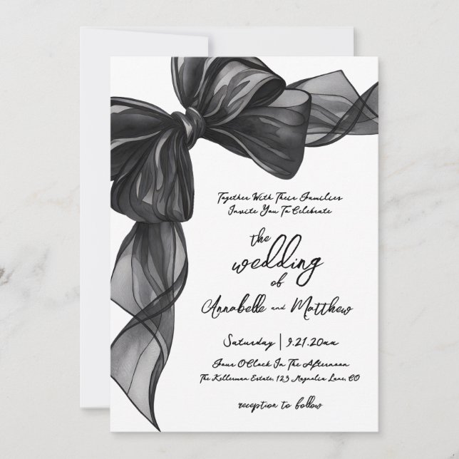 Convite Elegant Black Bow Whimsical Wedding (Frente)