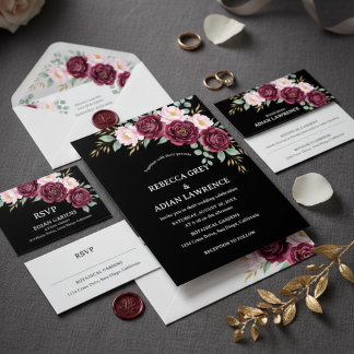 Convite Elegant Black & Burgundy Pink Floral Wedding 