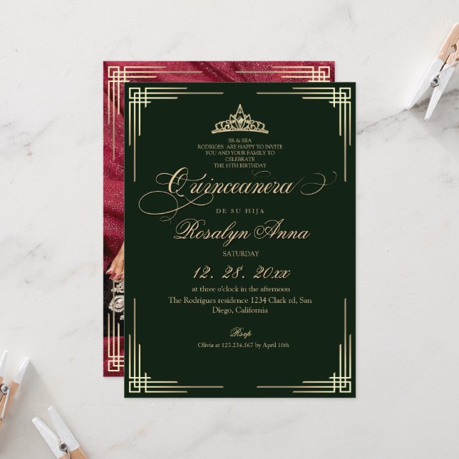Convite Elegant Black Emerald Green Princess Quinceañera  (Frente/Verso In Situ)