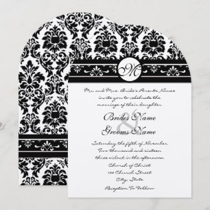 Convite Elegant Black Faux Engraved Floral Damask Wedding