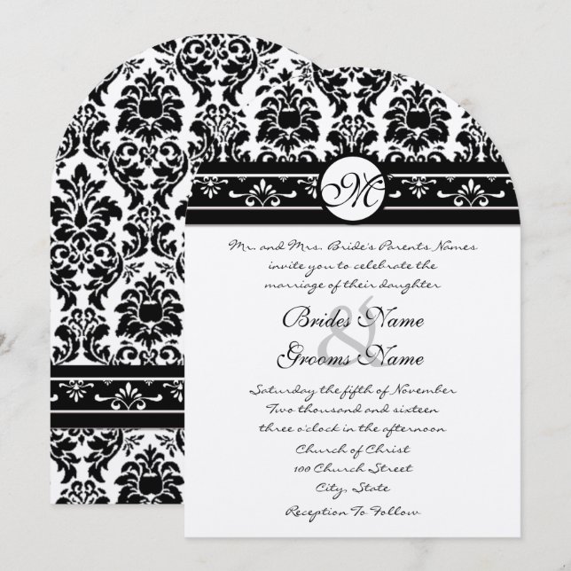 Convite Elegant Black Faux Engraved Floral Damask Wedding  (Frente/Verso)