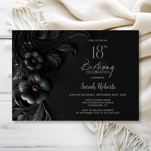 Convite Elegant Black Floral 18th Birthday Party (Criador carregado)