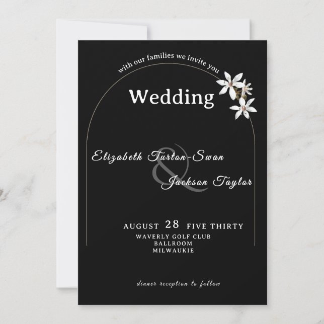 Convite Elegant Black Floral Arch Typography Wedding (Frente)