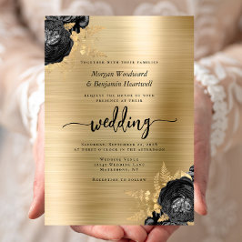 Convite Elegant Black Floral Gold Brushed Metal Wedding