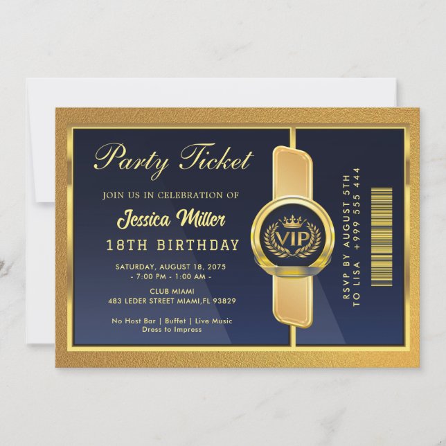 Convite Elegant Black & Gold 18th Birthday Ticket Invite (Frente)