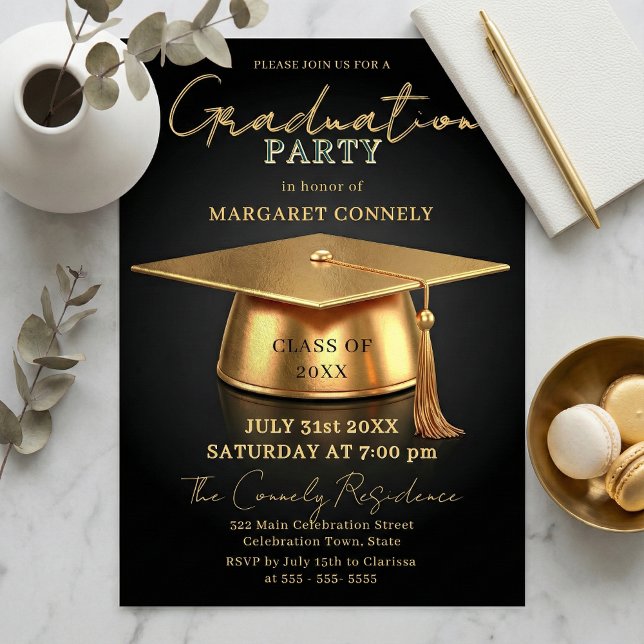 Convite Elegant Black & Gold 3D Cap Graduation Party (Criador carregado)