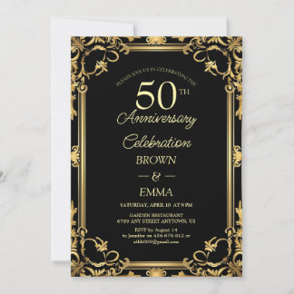 Convite Elegant Black Gold 50th Anniversary Celebration In