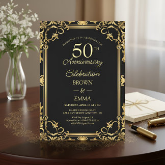 Convite Elegant Black Gold 50th Anniversary Celebration In