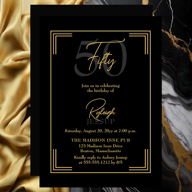Convite Elegant Black Gold 50th Birthday Art Deco Party (Elegant black and gold 50th birthday invitation with refined Art Deco frame)