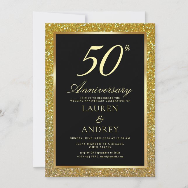Convite Elegant Black Gold 50th Wedding Anniversary (Frente)