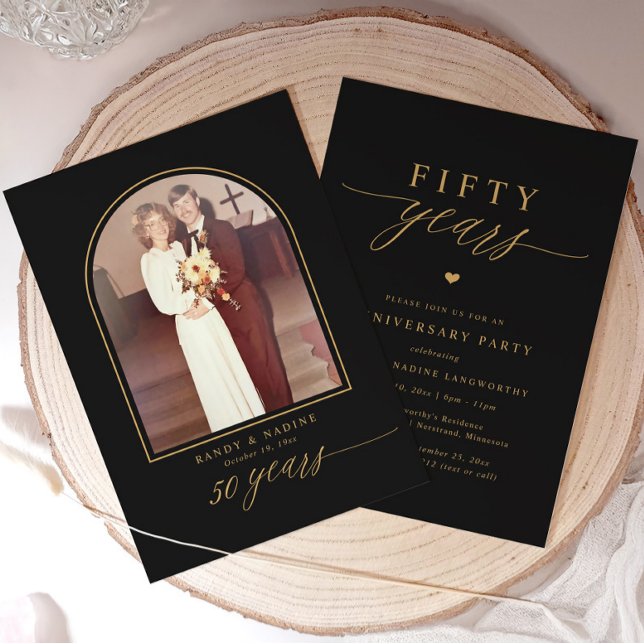 Convite Elegant Black Gold 50th Wedding Anniversary Party (Elegant black and gold 50th wedding anniversary invitations)