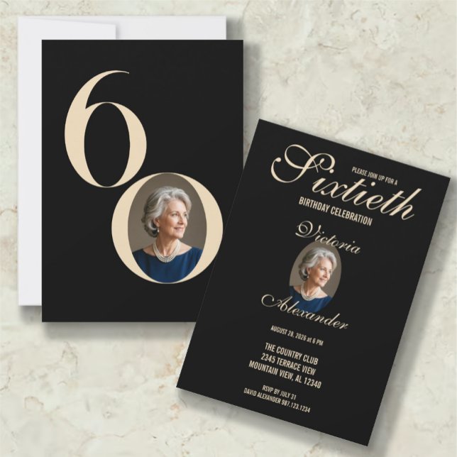 Convite Elegant Black Gold 60th Birthday Photo  (Elegant Black Gold 60th Birthday Photo Invitation)