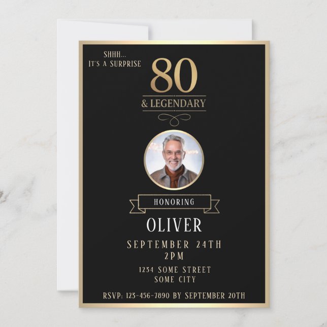 Convite Elegant Black & Gold 80th & Legendary Birthday (Frente)